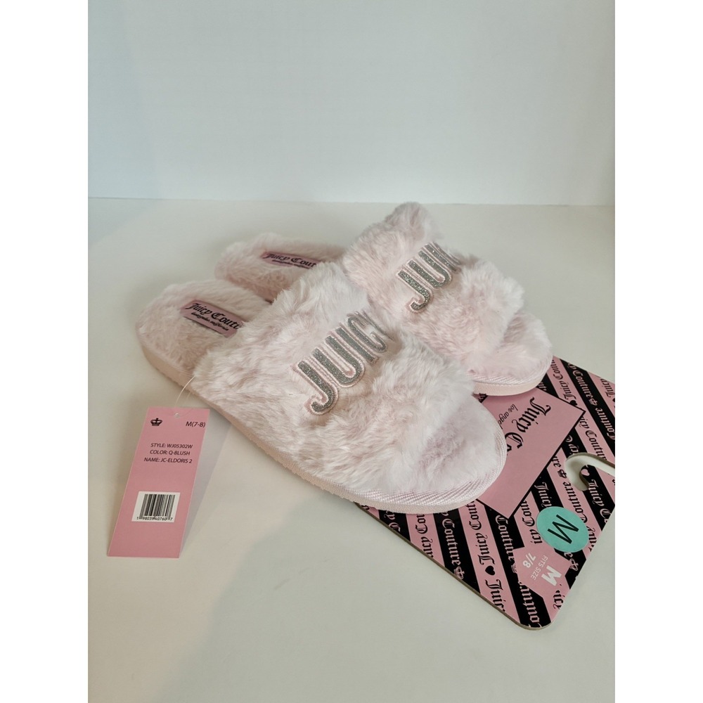 JUICY COUTURE~ Fuzzy Blush Slippers Glitter Logo Women's Size Medium 7-8 NWT
